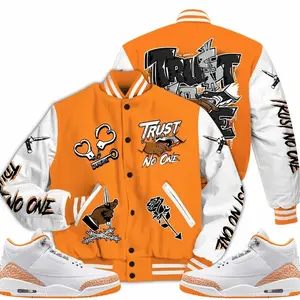 3 White Orange Peel Varsity Jacket, Orange Citrus 3s Outfit, Trust No One Drip Shirts To Match Sneaker Streetwear