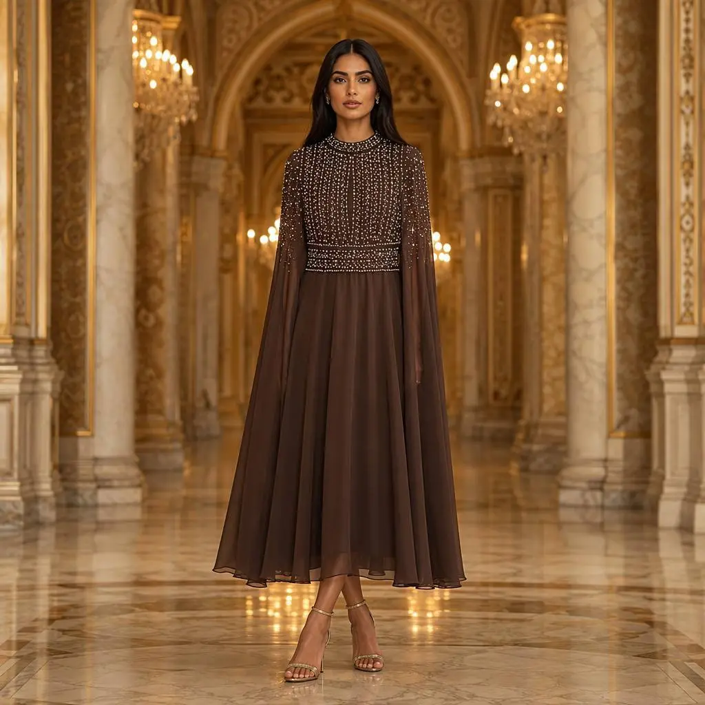 Luxury Rhinestone Beaded Kaftan Dress | Elegant Chiffon Cape Maxi Dress for Eid & Weddings