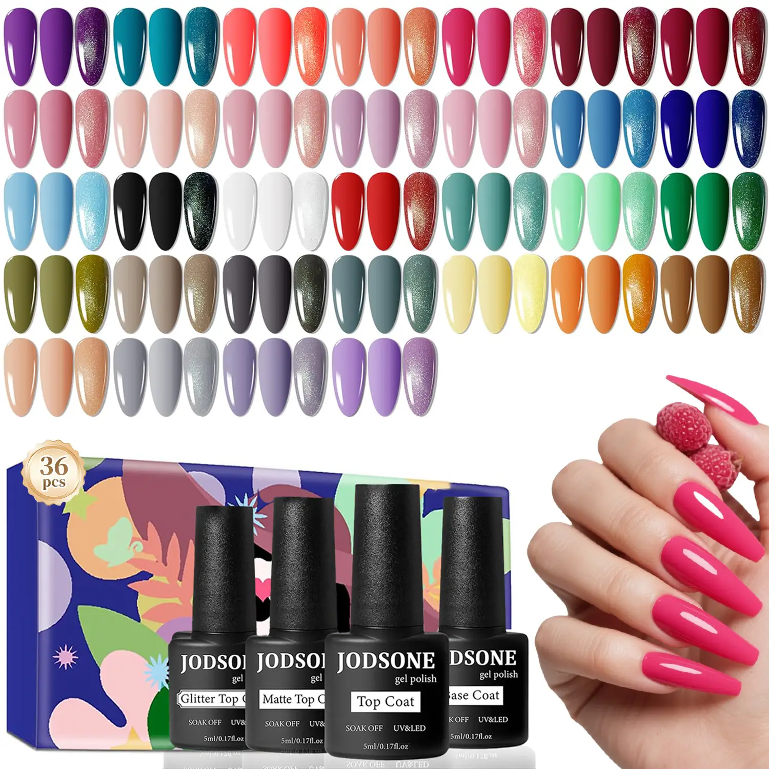 JODSONE 36 PCS Gel Nail Polish Set with 32 Colors Gel polish Kit Base Coat No Wipe Matte GlossyTop Coat Nail Polish Set Green Blue Red Pink Summer nai