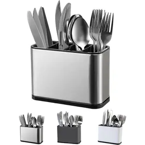 Stainless Steel 4-Compartment Utensil Storage Caddy, Countertop Silverware Holder for Spoons, Forks and Cutlery (Silvery)
