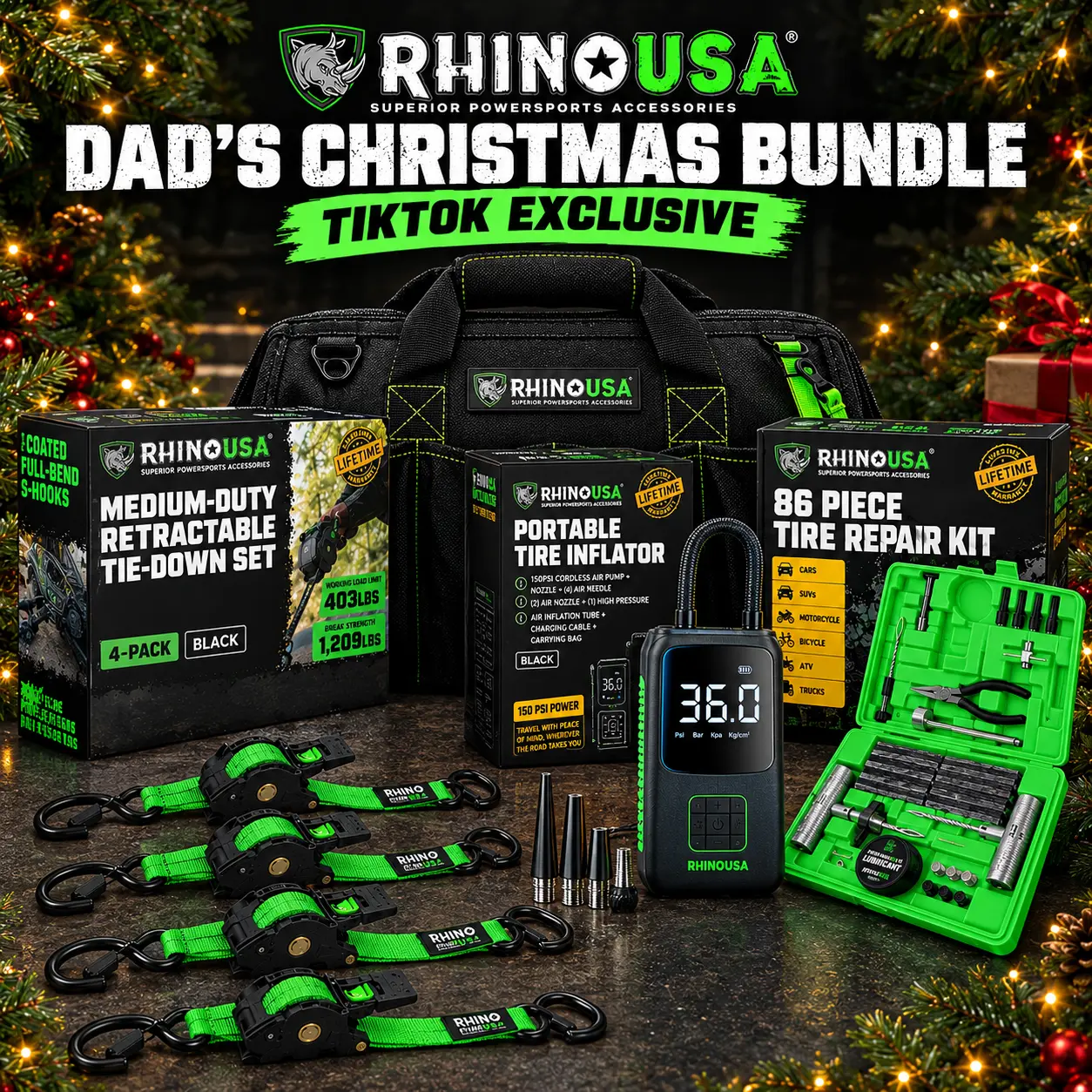 Rhino USA "Dad's Christmas Bundle" - 1" Retractable ratchet strap (4pk), 150PSI Portable Tire inflator, 86pc Tire repair kit, HD Tool Bag - The ultimate gift for dad