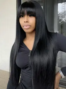 20-36inch 180 Density Ware&Go Glueless Wig Straight Put On & Go Wig Human Hair Wig With Bangs Full Machine Wig With Bangs None Lace Glueless Wigs For Women