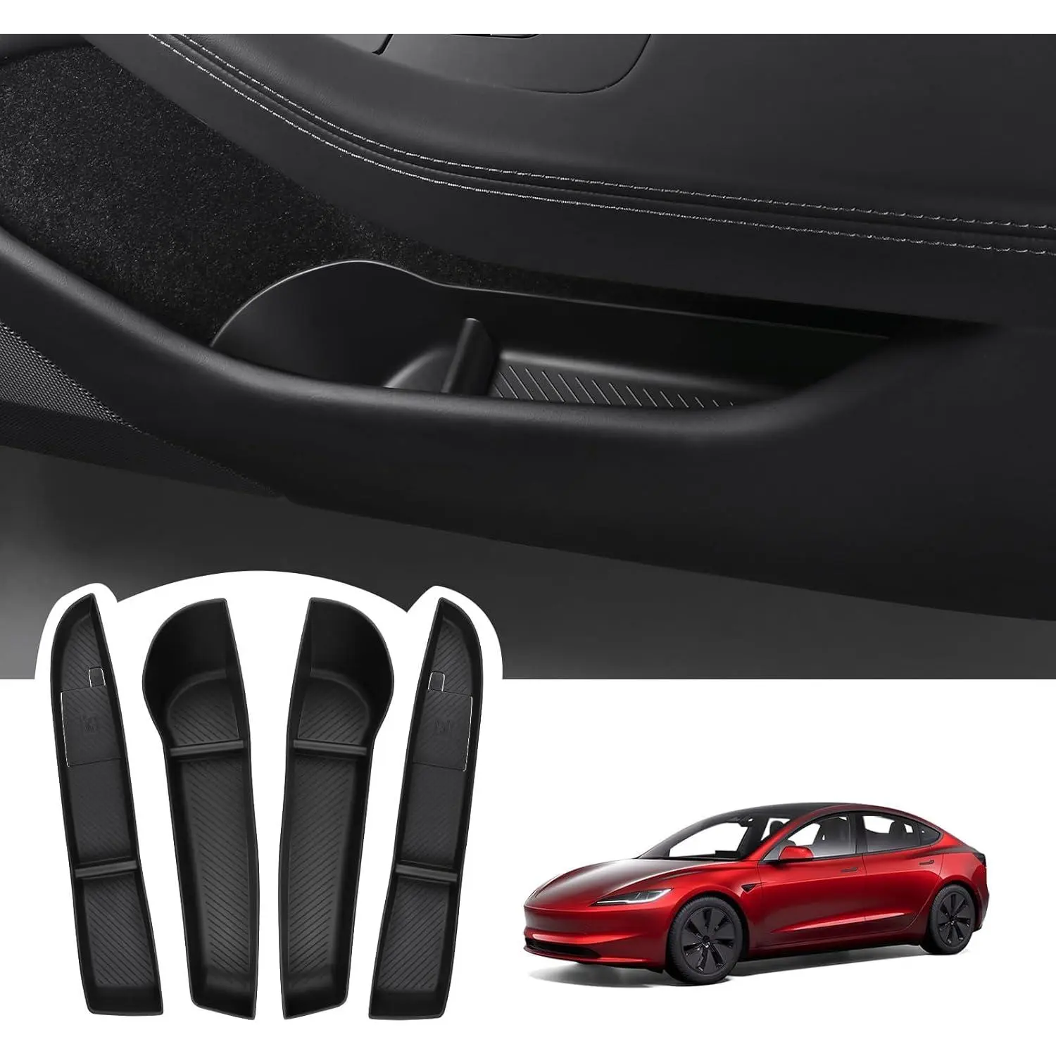 Custom-Design Door Side Storage Box & Organizer Tray Set (4 Liners) - Anti-Slip Texture TPE Protectors for 2024 2025 Tesla Model 3 Highland Refresh, 4pcs for 2024 2025 Model 3 Highland Front & Rear Door Pockets, Eco-Friendly, Non-Toxic, Removable Pockets,