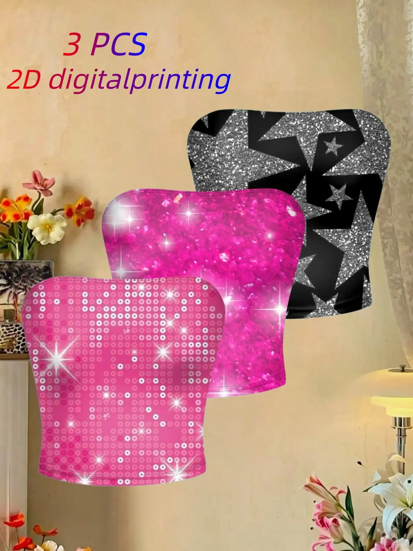 3-Pack Sequin Star Rhinestone Crop Top, Sexy Slim Fit Tank Top, Y2K Millennial Style, Party Stage Eye-Catching Shirt