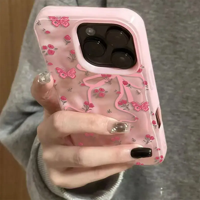 For  17 16 15 14 13 12 11 Pro Max Air Case Elegant Pink Butterfly Rose Floral Folds Texture Soft Cover For  16 Plus female phone shockproof beautiful Military Grade Rotating Camera slim durable oh one anti-scratch stylish smartphone cover iPhone Full Body