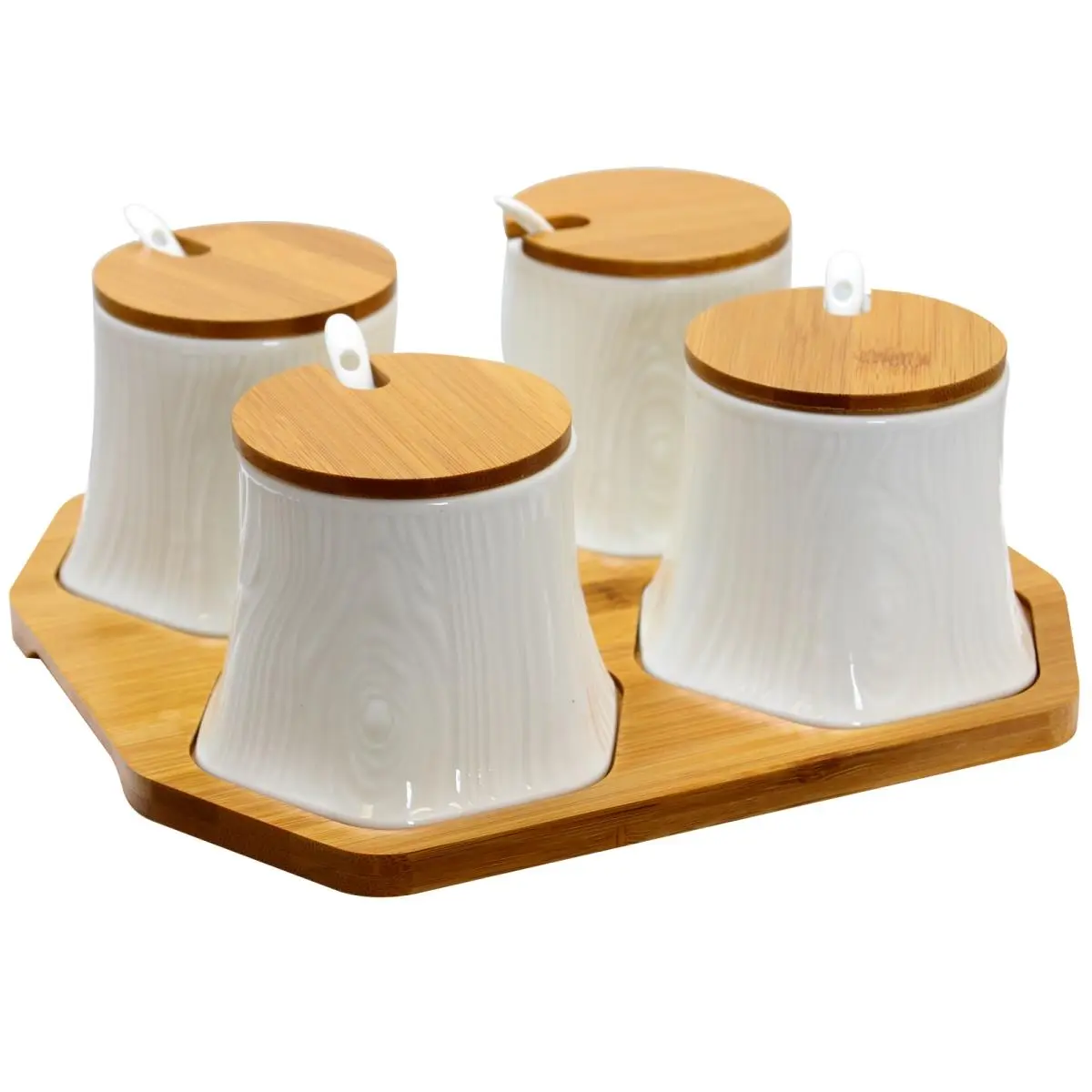 Elama EL-379 Kitchen Ceramic Seasoning Containers Set with Bamboo Lids and Serving Utensils (Ideal for Spice, Jam, Salsa)