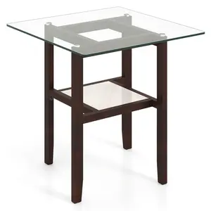 COSTWAY - 24 Inch 2-Tier Square Glass Coffee Table Center Table with Storage Shelf-Brown