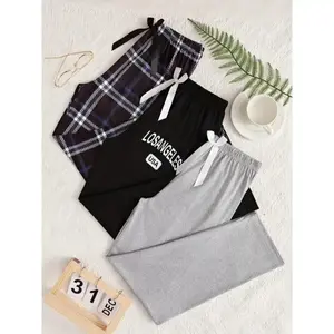Set of 3 pajama bottoms with plaid and letter prints, casual bow elastic stretch loose-fit pants, women’s sleepwear fabric loungewear