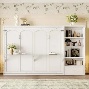 Bellawave Queen Size Murphy Bed with Height Adjustable Storage Compartments & Shelf Wall Bed Frame 1 Drawer Multifunctional Foldable Platform Bed for Small Space Bedroom Guest Room Diamond Tufted Headboard