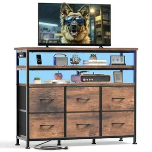 TV Stand with Charging Station & LED Lights for up to 45" TV – Wood Top Media Console, 6 Fabric Drawers & 2 Shelves, Entertainment Center for Living Room, Hallway