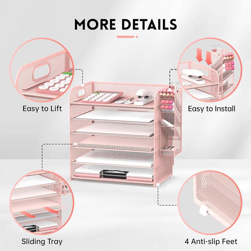6 Tier Paper Organizer With 4 Pen Holders, Mesh Desk Letter Tray With Handle, File Organizer for A4 Folder, Rose Pink