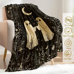 Ghost Soft Flannel Blanket - Lightweight Soft Cozy Gifts Blankets for Halloween Lovers,Adult,Women,Vintage Spooky Night Moon Art Style Throw,Home Room Modern Whimsical Decor