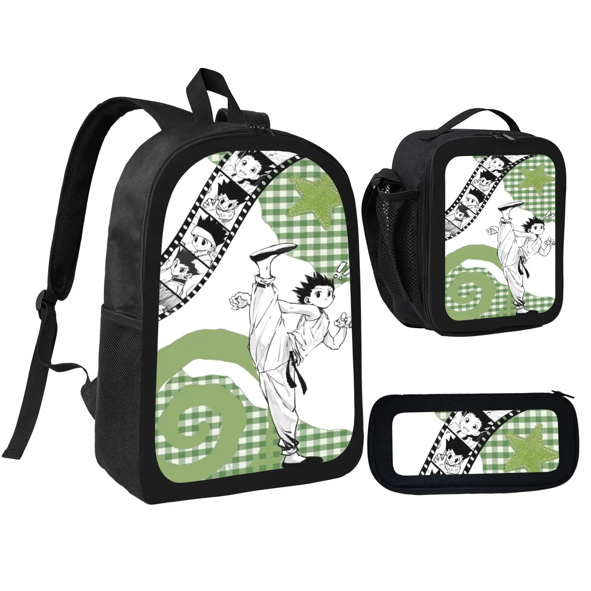 Stylish HUNTERXHUNTER Anime Themed Daypack Set, 3PCS All-Match Student Backpack Kit with Insulated Lunch Tote and Pencil Pouch, Breathable Premium Fabric School Bag for Boys Girls Teens Youth