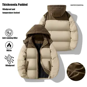Men’s Winter Puffer Jacket, Corduroy Patchwork Hooded Coat, Windproof Warm Padded Jacket, Streetwear Casual Outerwear with Detachable Hood