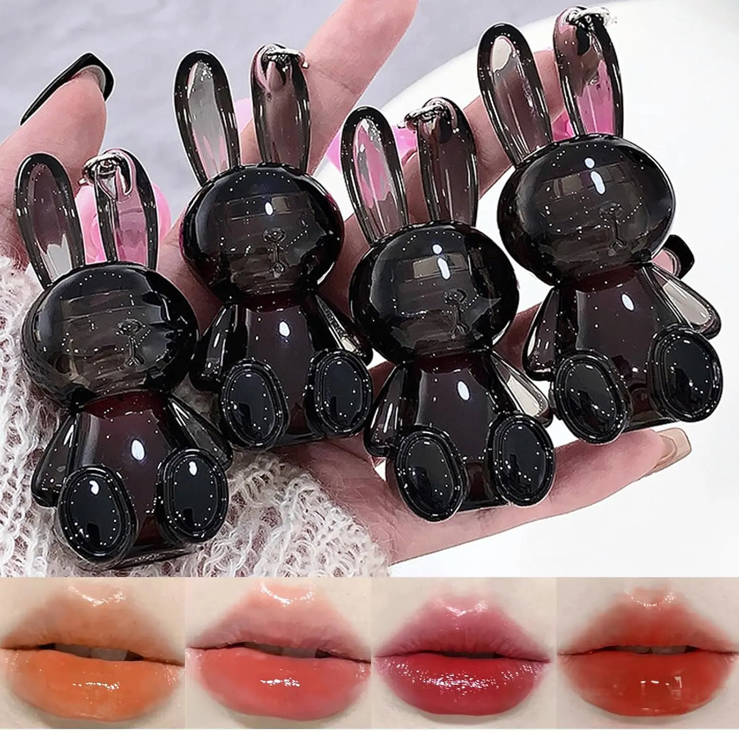 4-Color Bunny Keychain Lip Gloss Set - 2-in-1 Jelly Lip Tint & Keychain, Hydrating Plumping Glossy Lip Stain with Watery Shine, Cute Makeup Gift for Girls