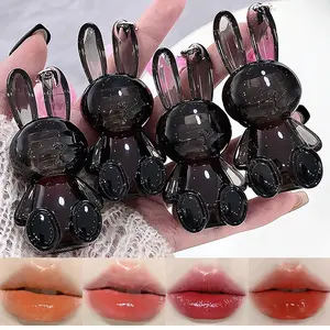 4-Color Bunny Keychain Lip Gloss Set - 2-in-1 Jelly Lip Tint & Keychain, Hydrating Plumping Glossy Lip Stain with Watery Shine, Cute Makeup Gift for Girls