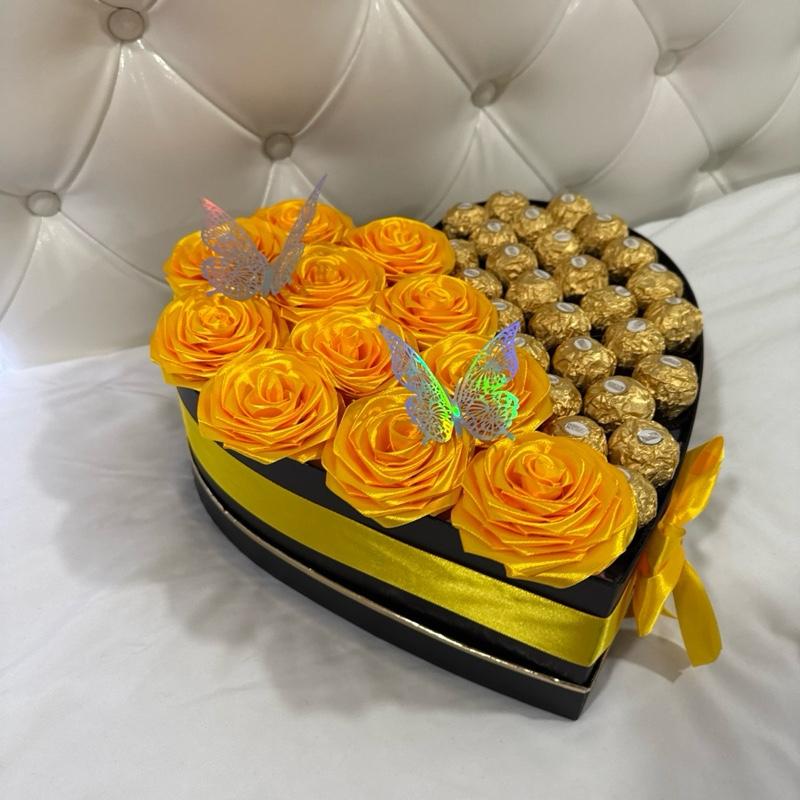 Luxury Heart Box with Ferrero - Yellow Roses, Gold Ferrero Chocolates, Butterfly Accents, Elegant Floral Design