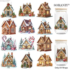 12Pcs Christmas House UV DTF Transfer Stickers, Waterproof High Viscosity Decals for 16oz Cups, Jars, Mugs, Bottles, Frames & DIY Decor