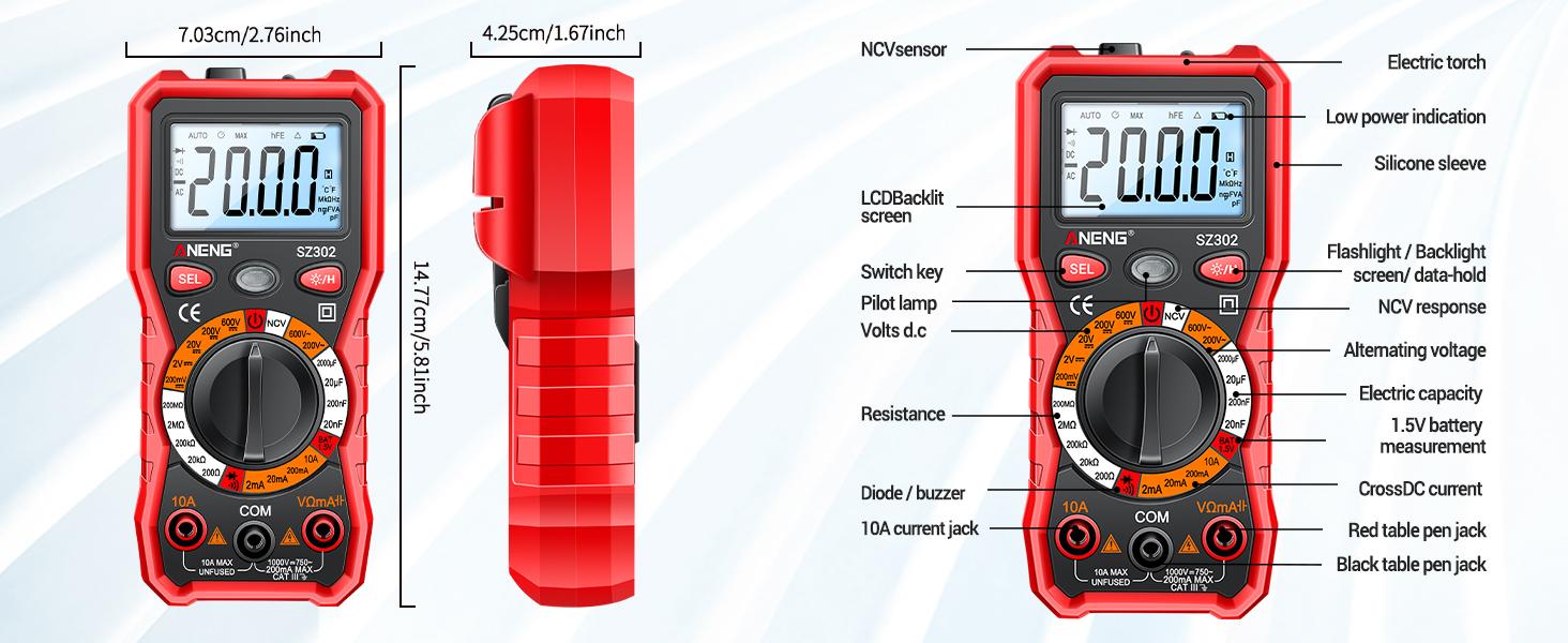 Multimeter with Backlit LCD,Ohm Volt Amp Meter,Non Contact Voltage Tester Measures DC AC Voltage,Current,NCV,Resistance,Continuity,Diodes,Electric Tools for Automotive Battery Test(Red) Multimeter with Backlit LCD,Ohm Volt Amp Meter,Non Contact Voltage Tester Measures DC AC Voltage,Current,NCV,Resistance,Continuity,Diodes,Electric Tools for Automotive Battery Test(Red)