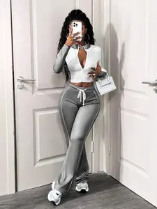 Women's Casual 2 Pieces Set, Color Block Design, Long Sleeve Zip-Up Jacket And Drawstring Pants, Autumn