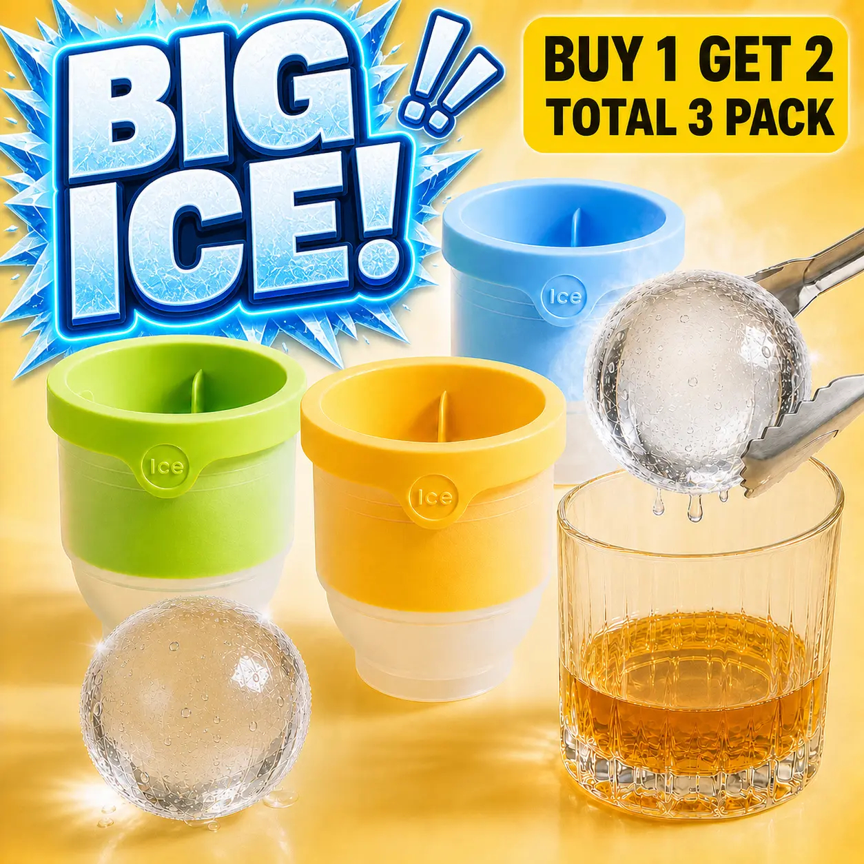 3-Pack Round Ice Ball Molds, Stackable Single Sphere Ice Makers for Whiskey, Cocktails, Coffee and Juice, Yellow Green Blue