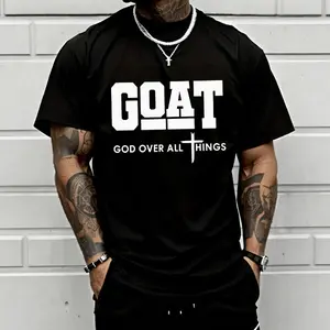 Men’s “God Above All” Christian print T-shirt by GOAT, 100% pure cotton loose street-style short-sleeve top—trendy faith streetwear for urban casual wear