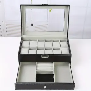 Deluxe Double 12-Slot Watch and Jewelry Storage Box - Stylish Black Faux Leather Display Box, Interior Polished, Flip Cover, Elegant Storage, Watch Storage Box