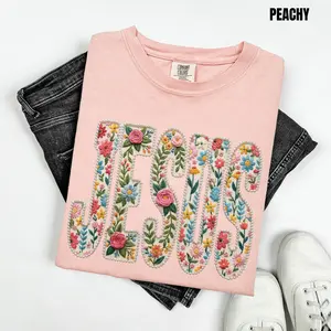 Jesus Embroidery & Pearls Comfort Colors T-Shirt 'NLB'