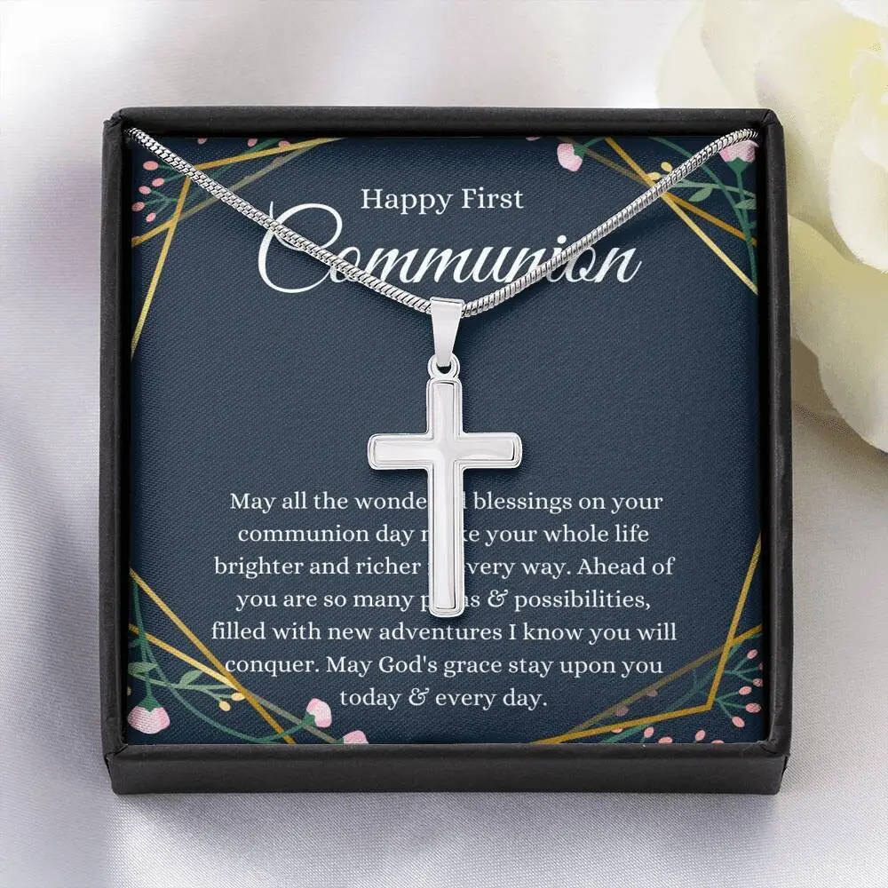 Cross First Communion Gift Necklace with Meaningful Message Card Inside, Featuring First Holy Communion Design