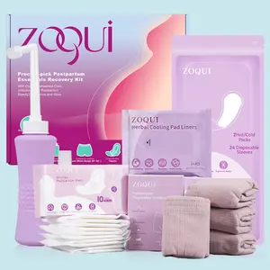 ZOQUI Postpartum Recovery Essentials Kit, Labor Delivery Mom Care Kit, Self-Absorbent Disposable Underwear Nipple Nursing Pads Upside Down Peri Bottle Cold Pads Cooling Foam Canvas Bag Set
