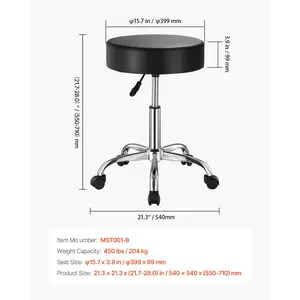 VEVOR Rolling Stool with Wheels, 450 LBS Weight Capacity Round Rolling Stool Chair, Height Adjustable Thickened PU Leather Swivel Stool for Salon, Spa, Massage, Tattoo, Clinic, Black