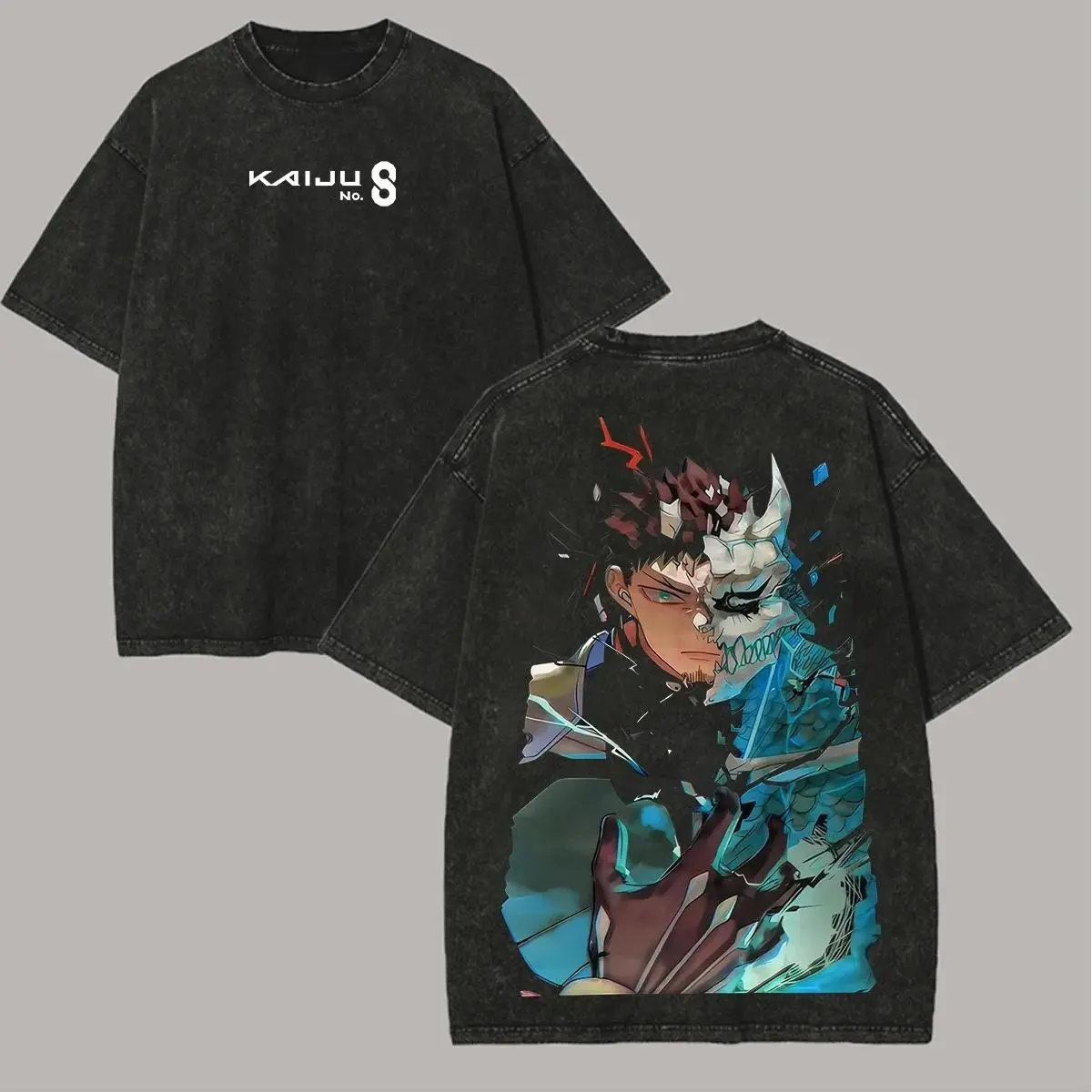 Men's Oversized Crew Neck Shortsleeve Graphic Print T-Shirt - Unisex Vintage Kaiju No.8 Retro Distressed Wash Black Otaku Tee with Kafka Hibino & 8 Dual Figures, Casual Fit Festive Sportswear for Anime Fans, All Seasons, Hand Wash Only