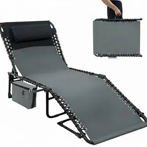 Chaise Lounge Chair Outdoor, 5-Position Adjustable Sun Tanning Chair with Carrying Handle and Side Pocket, Folding Bed Cot with Removable Pillow for Garden, Beach, Patio, Pool, Camp