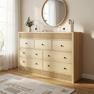 Garvee Wooden Dresser with 6 or 7 Drawers, Available in Natural Oak or Walnut Finish, Featuring Fluted Design, Ideal for Bedroom, Living Room, Hallway, and Entryway Storage and Organization
