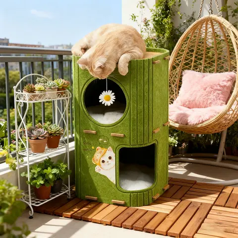 TUFFYUKI 2 Tier Felt Cat House For Indoor Cats Multi Level Cat Condo With 2 Hideaways Open Top Perch Hanging Pom Pom Toy Firm Felt Walls Easy Assembly