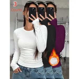 3-Pack Women’s Thermal Undershirt Tops, Solid Color Classic Crew Neck Long-Sleeve Base Layers for Autumn & Winter – Ideal as Running, Hiking Activewear, Comfortable Base Layer T‑Shirts Suitable for Outdoor Activities
