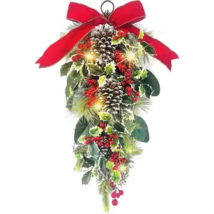 Christmas Teardrop Swag, 24 inch, Red and White Ornament Balls with Frosted Pine, Berries and Bow (Green)