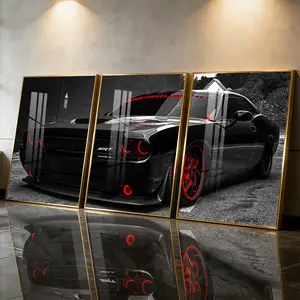 3Pcs Aluminum Alloy Framed Painting, Black Sports Car With Red Lights Picture, Home Decoration For Living Room, Bedroom, Office, Restaurant, Hallway Wall Decor, Odorless Print Artwork, Luxury Perfect Gift For Friends And Family