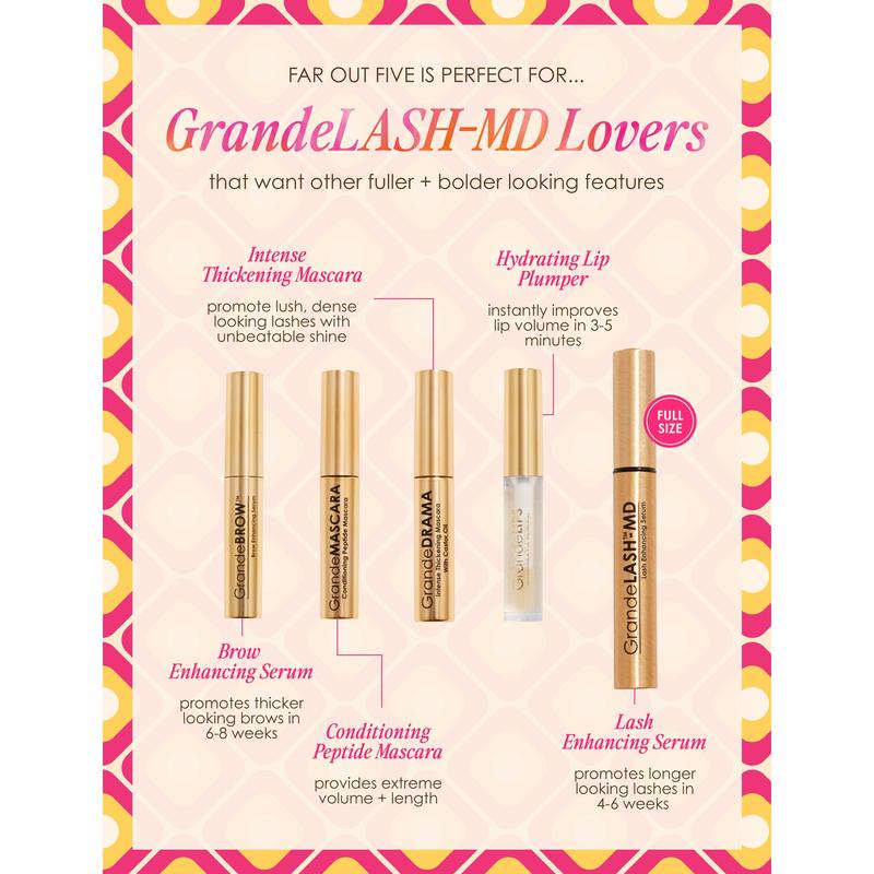 The Far Out Five Set - Grande Cosmetics - 5-Piece Makeup Kit with GrandeLASH-MD, GrandeBROW Serum, GrandeDRAMA, GrandeMASCARA, and GrandeLIPS for Fuller Looking Lashes, Brows, and Lips