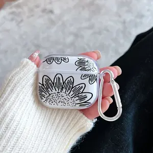 Floral Line Sketch Pattern Protective Case for AirPods 4/3/2/1/Pro/Pro2 Soft TPU Earphone Cover, Transparent with Keychain