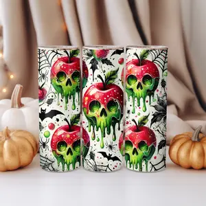 Poison Apple Skull Halloween Tumbler | 20oz Sublimated Metal Cup | Spooky Green Drip Apples | Creepy Cute Halloween Drinkware | Fall Witch Cup