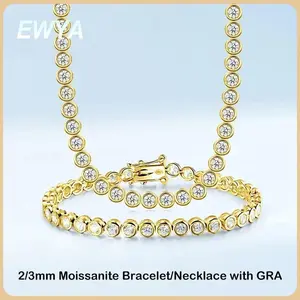 EWYA Sparkling 2/3mm Full Moissanite Tennis Bracelet for Women Party S925 Silver Plated 18K Pass Diamond Test Bezel Bracelets