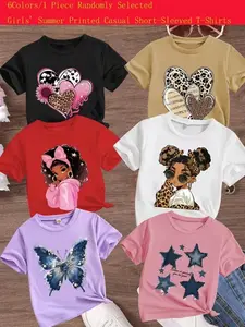 Randomly send 1pc from 6 Colors, Summer T-shirts, Daily and Festive Party Knitted Tops, Comfortable Round Neck T-shirts, Fun Pattern T-shirts, Graphic Tee, Outdoor Styles, Casual Tee Tops