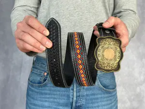Western Tooled Beaded Engraved Leather Belt 100% Genuine Full Grain Cowhide with Snaps 1.5" WIDE Leather Snap-On Belt - Meaningful Gift
