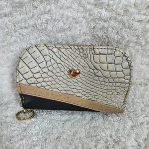 Cream & Blue Colorblock Mini Bifold Zip-Around Wallet with Heart Hardware