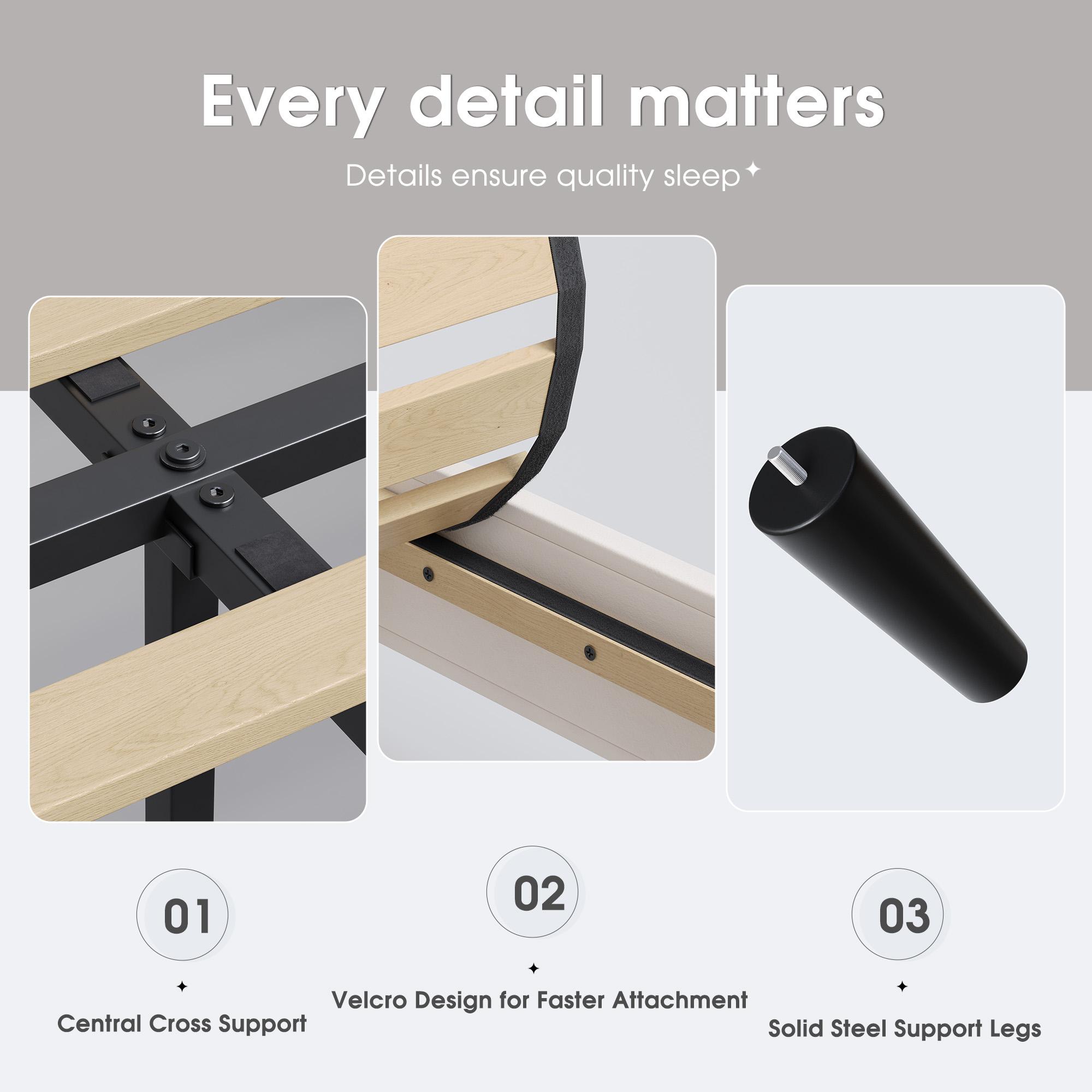 Solid Wood Queen/King Size Bed Frame with 51" Velvet Upholstered Headboard, up to 900 LBS Foundation with All Sturdy Metal Support,Headboard with Charging Station and LED Lights, Wingback Headboard, No Box Spring Needed, Noise-Free,Easy Assembly