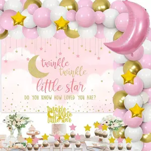 Twinkle Twinkle Little Star Baby Shower Decorations Girl Pink White and Gold Balloon Garland Kit Star and Moon Foil Balloons Backdrop Cake Toppers