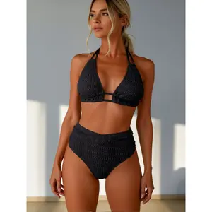 High Waisted Tummy Control Black Smocked Bikini Women 2026 Sexy Halter Neck Triangle Top Keyhole Cutout Textured Fabric Adjustable Tie Back Swimwear Flattering Slimming Swimwear for Beach Vacation Pool Party Bridal Shower