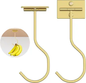 2-Pack Self Adhesive Banana Hook, Metal Banana Hanger Hook,Under Cabinet Hook For Bananas Or Other Kitchen Items, Foldable Banana Hook, Folds Up With  When Not In Use, Keep Bananas Fresh,