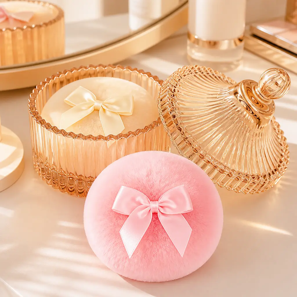 Luxury Crystal Glass Cosmetic Storage Jar with Soft Puffs, Powder Puff Holder, Dusting Powder Container, Loose Powder and Glitter Storage Jar, Makeup Organizer, Vanity Decor, Birthday Gifts for Women Girls